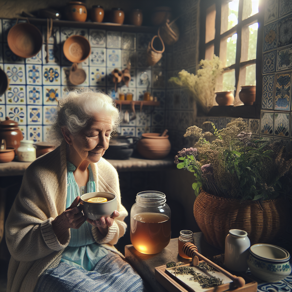 Grand-mère tenant une tasse de thé au citron avec du miel