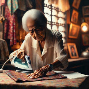 Une grand-mère utilisant un fer à repasser et des essuie-tout pour enlever une tache de cire