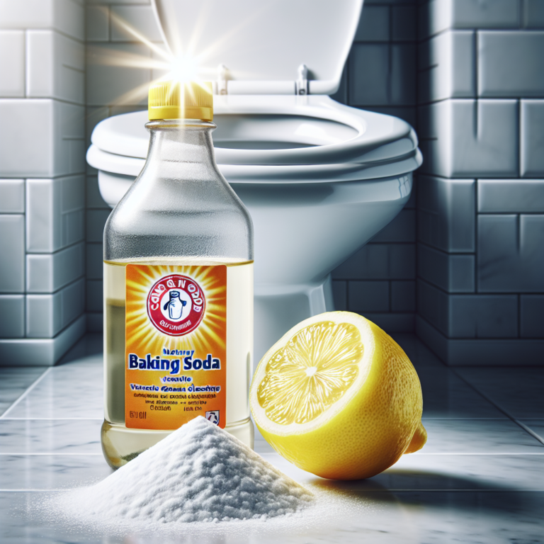 Ingrédients naturels comme le vinaigre, le bicarbonate de soude et le citron devant des toilettes propres.