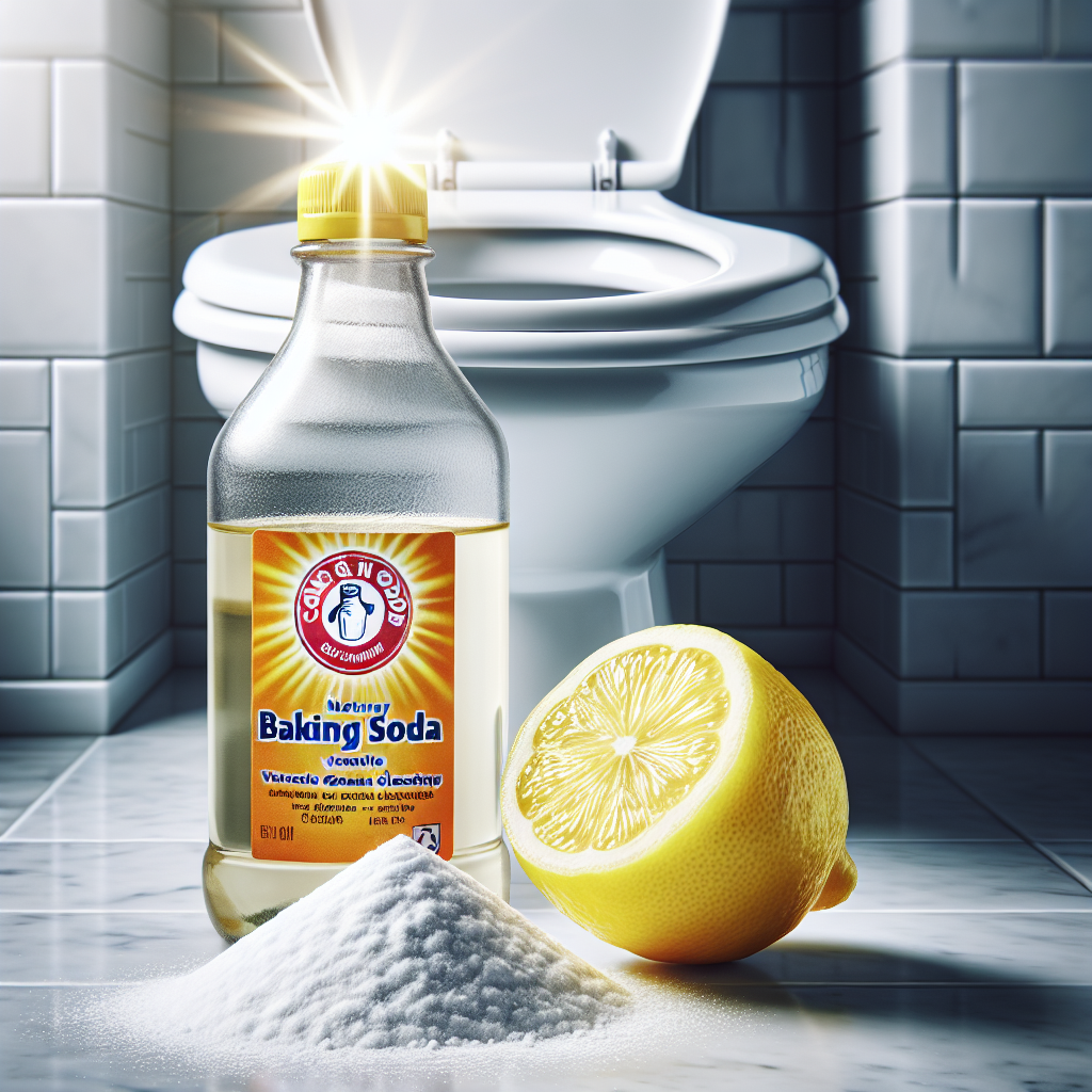 Ingrédients naturels comme le vinaigre, le bicarbonate de soude et le citron devant des toilettes propres.