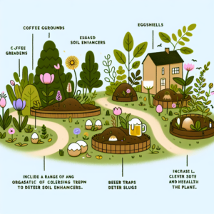 Un jardin tranquille avec des plantes, des fleurs et divers matériaux organiques comme le marc de café, les coquilles d'œufs et les pièges à bière pour repousser les limaces.