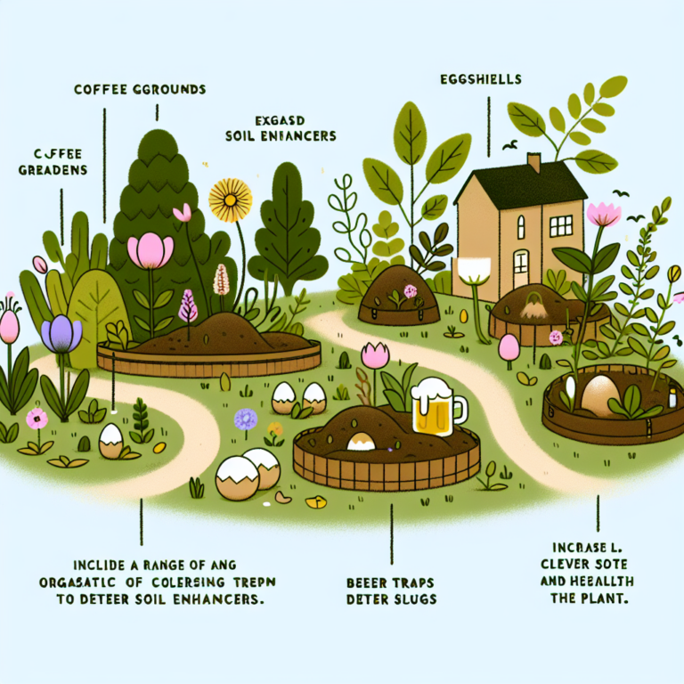 Un jardin tranquille avec des plantes, des fleurs et divers matériaux organiques comme le marc de café, les coquilles d'œufs et les pièges à bière pour repousser les limaces.