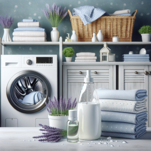 Une buanderie confortable avec des sachets de lavande et des bouteilles d'huiles essentielles.