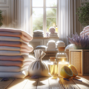 Une pièce accueillante avec du linge fraîchement lavé et des éléments naturels comme des sachets de lavande.