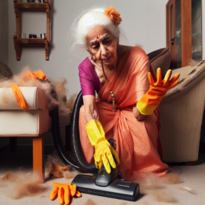 Une grand-mère enlevant des poils de chien d'un canapé avec des gants en caoutchouc