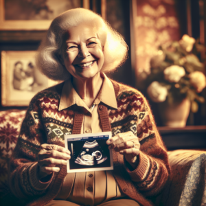 Une grand-mère joyeuse et enceinte tenant une échographie vintage