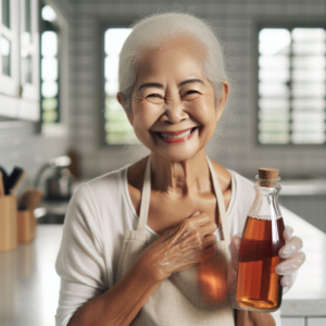 Une grand-mère souriante tenant un produit de nettoyage naturel dans une cuisine propre et lumineuse
