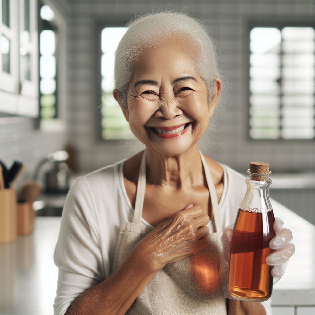 Une grand-mère souriante tenant un produit de nettoyage naturel dans une cuisine propre et lumineuse