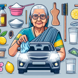 Une grand-mère nettoyant les phares de voiture avec des produits ménagers