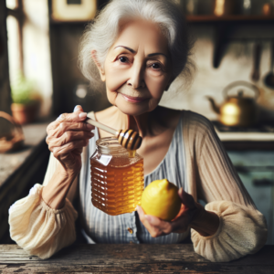 Une femme âgée préparant un remède contre la toux avec du miel et du citron
