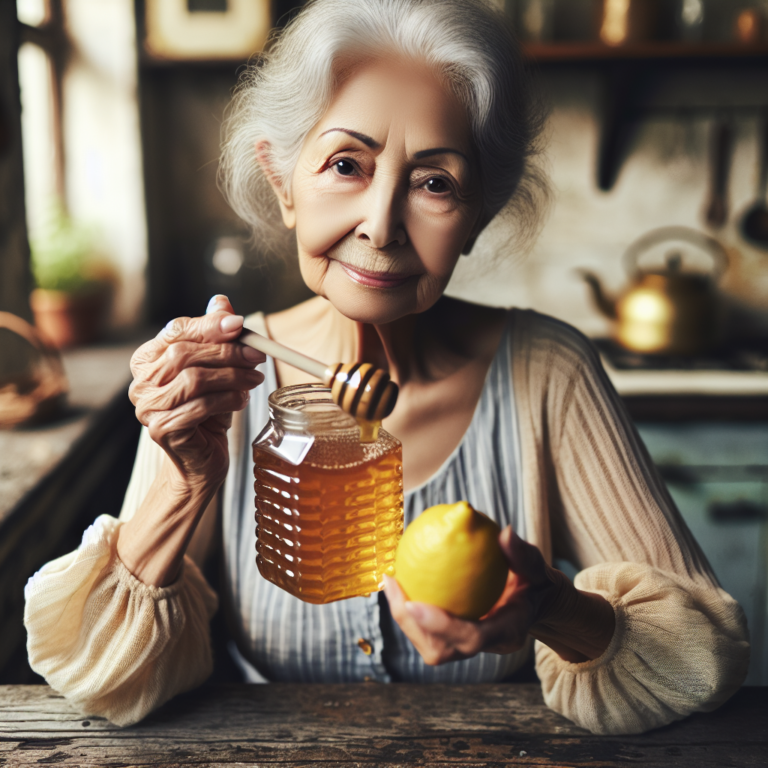 Une femme âgée préparant un remède contre la toux avec du miel et du citron