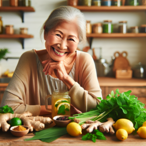 Une grand-mère prépare une tisane détox dans une cuisine chaleureuse.