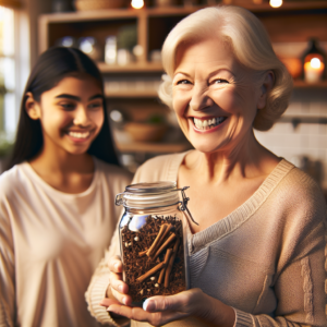 Une grand-mère souriante montrant un remède maison contenant des clous de girofle et de l'ail dans une cuisine chaleureuse.
