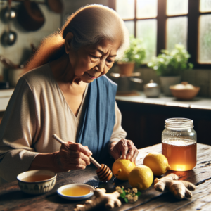 Grand-mère préparant une tisane au miel et citron pour soigner un rhume.