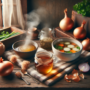 Remèdes de grand-mère pour le rhume avec une tasse de tisane, une soupe de poulet, un bol de miel et un oignon coupé.