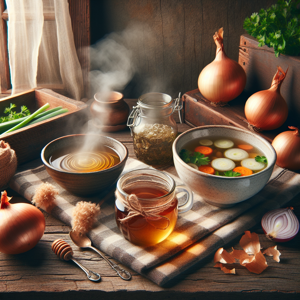 Remèdes de grand-mère pour le rhume avec une tasse de tisane, une soupe de poulet, un bol de miel et un oignon coupé.