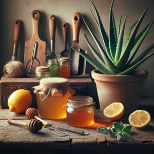 Remèdes naturels pour les aphtes avec du miel, citron, aloe vera et sauge sur une table en bois.