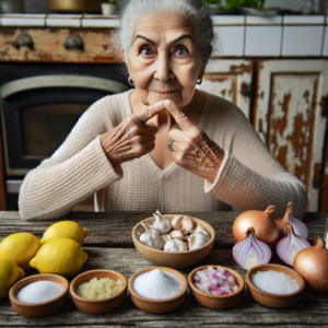 Une grand-mère montrant des remèdes naturels pour soigner un panaris sur une table de cuisine en bois.