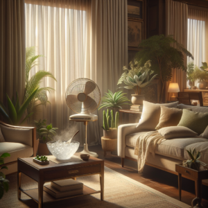 Un salon frais avec des rideaux fermés, un ventilateur soufflant sur un bol de glace et des plantes comme l'aloès et le ficus.