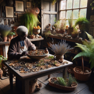 Un salon rétro avec des éléments naturels pour parfumer, tels que des écorces d'agrumes séchées, des herbes et des pots-pourris.