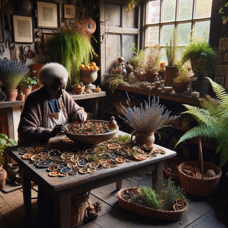 Un salon rétro avec des éléments naturels pour parfumer, tels que des écorces d'agrumes séchées, des herbes et des pots-pourris.