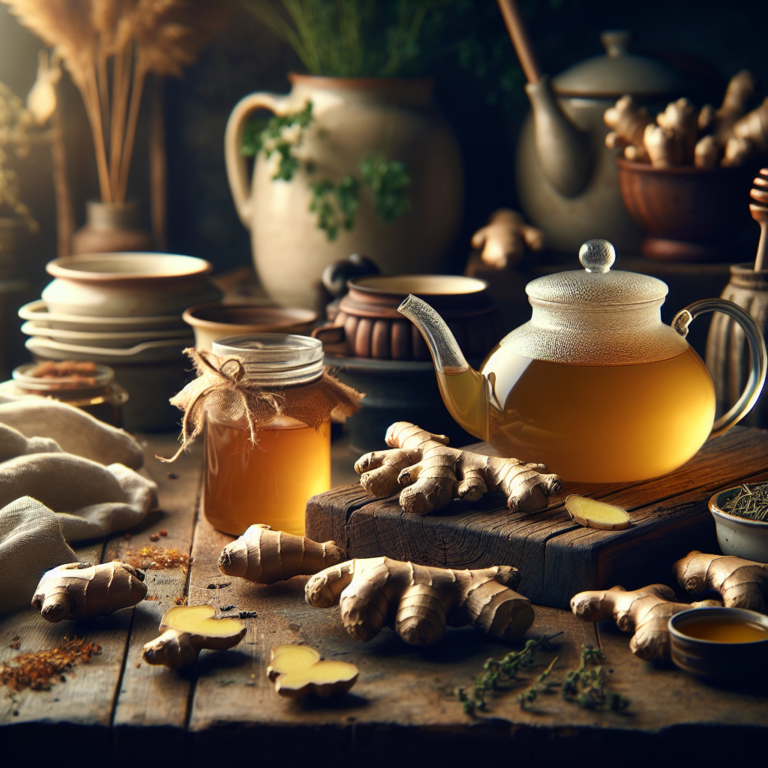 Une table de cuisine avec une théière de thé au gingembre, des racines de gingembre frais, un pot de miel et quelques herbes éparpillées.