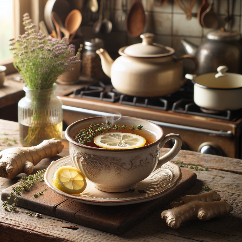 Une tasse de tisane au citron et gingembre sur une table en bois rustique, entourée d'herbes fraîches.