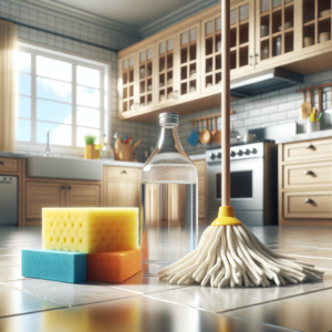 Bouteille de vinaigre blanc entourée d'articles de nettoyage ménager dans une cuisine