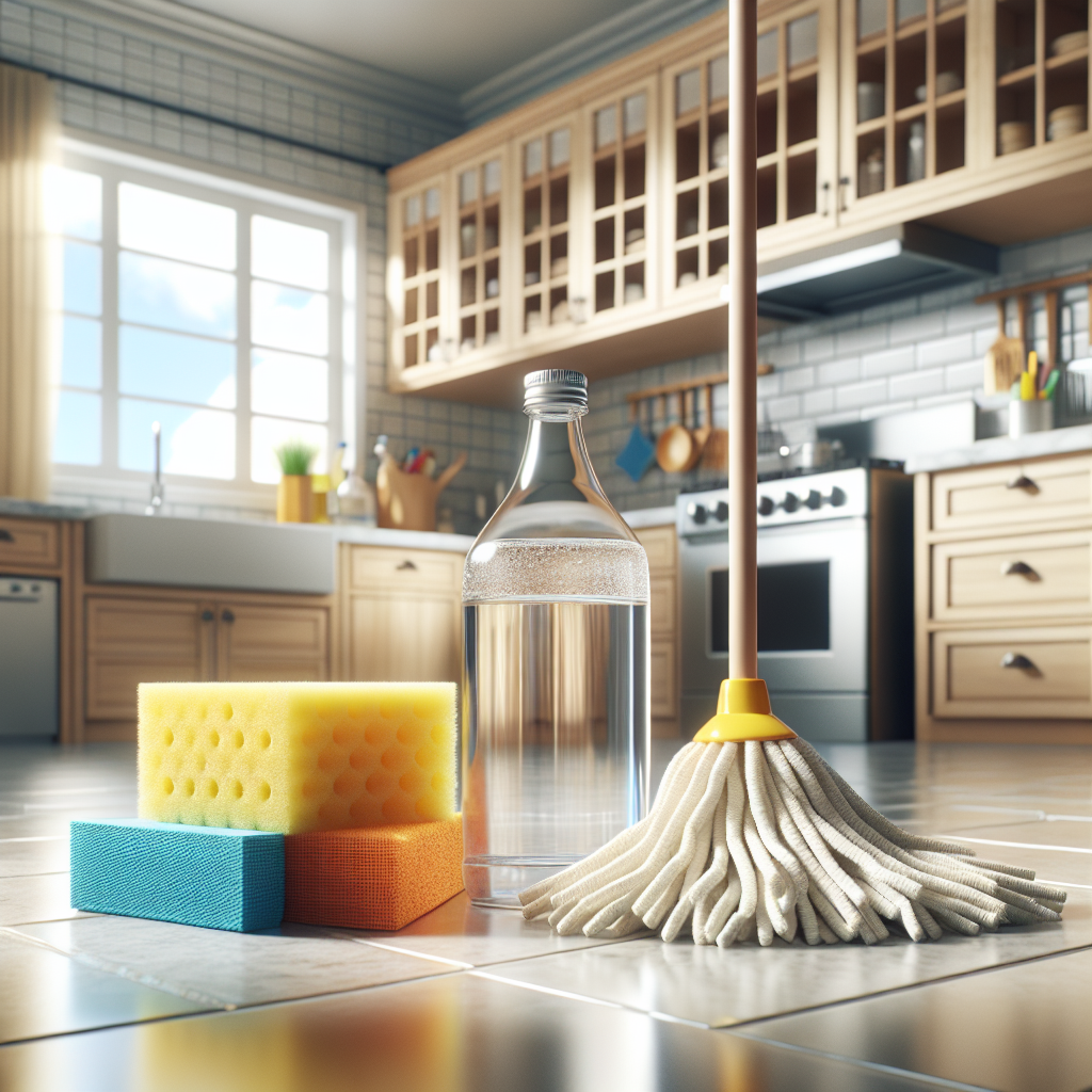 Bouteille de vinaigre blanc entourée d'articles de nettoyage ménager dans une cuisine