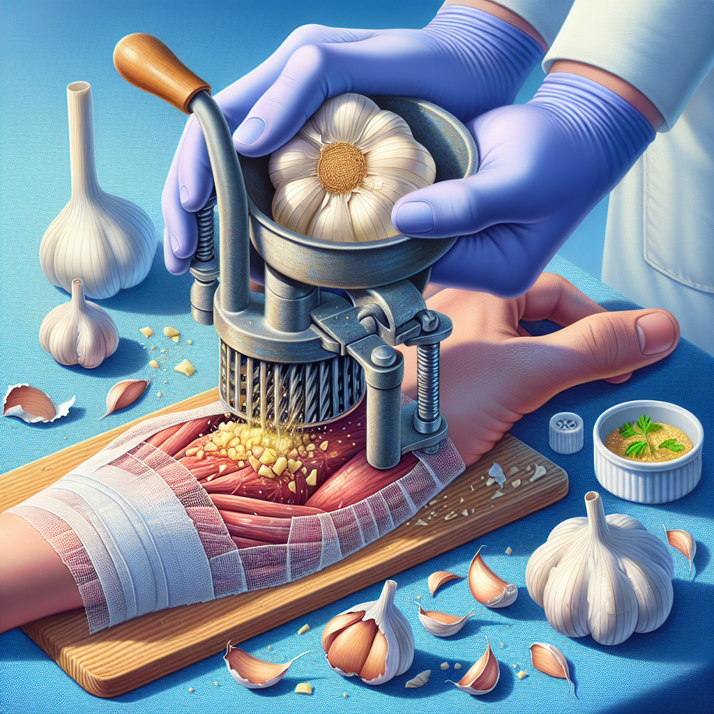 Gousse d'ail écrasée avec son jus extrait et enveloppée dans une gaze, utilisée comme remède naturel sur une infection.