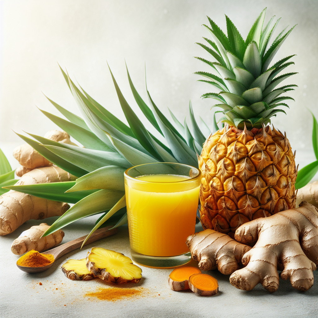 Ananas frais, verre de jus d'ananas, racines de gingembre et curcuma sur un fond clair