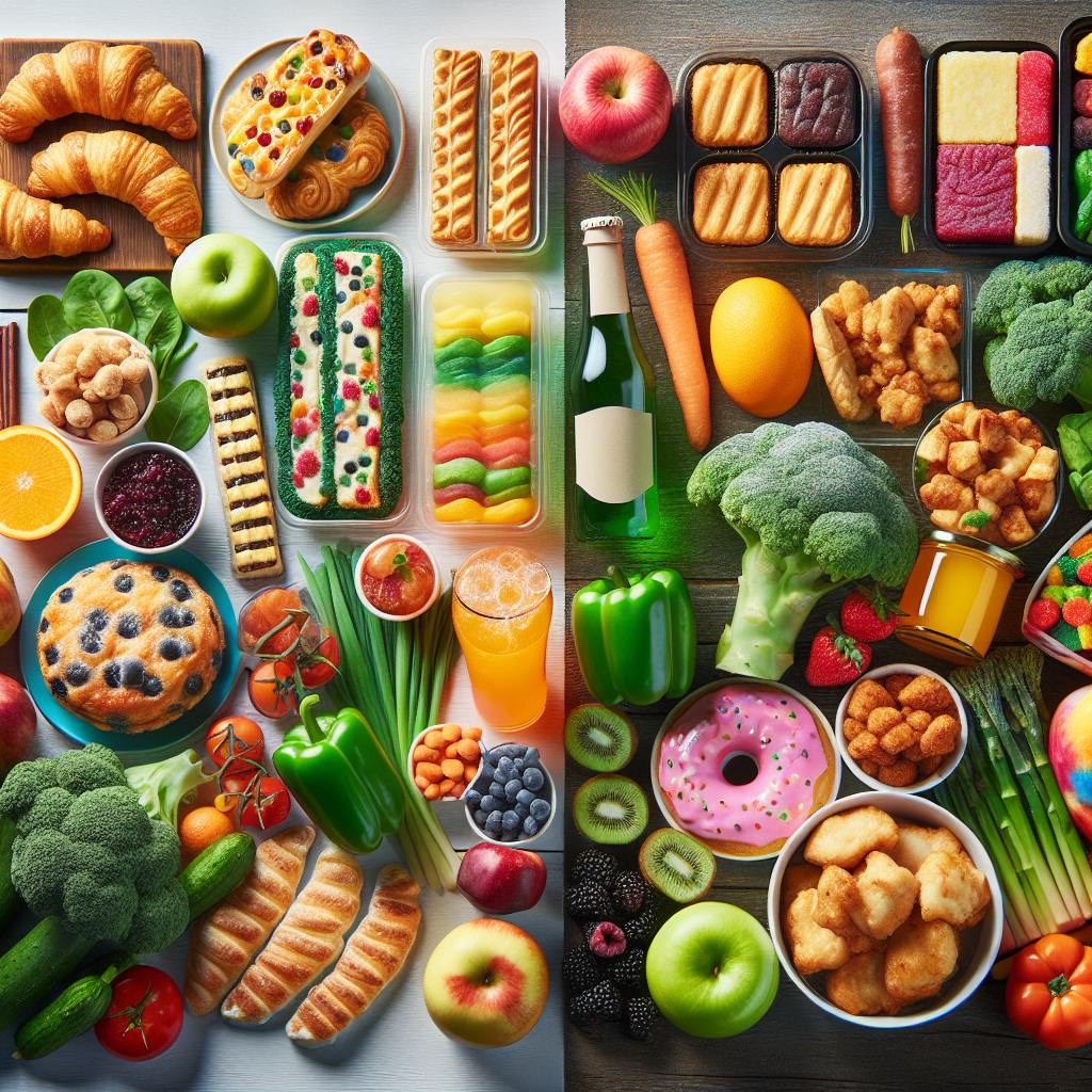 Image montrant des pâtisseries, des plats préparés et des boissons sucrées à éviter, et des légumes verts, des fruits riches en fibres et des protéines maigres à privilégier.