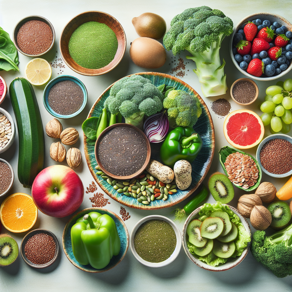 Une variété d'aliments riches en fibres, comprenant des légumes verts, des fruits, des graines de chia et des graines de lin, présentés de manière appétissante sur un plateau ou dans des bols vibrants.