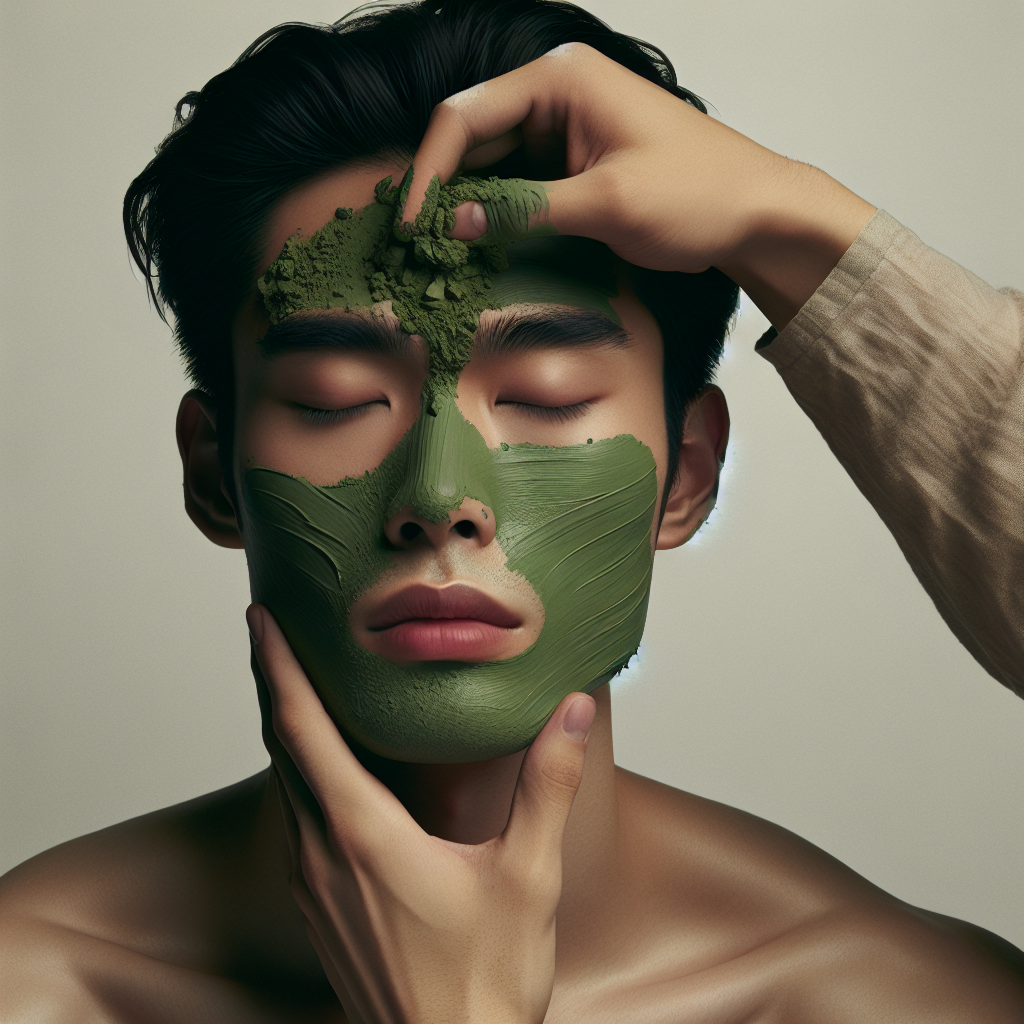 Une personne appliquant un cataplasme d'argile verte sur le front, le nez et la poitrine, avec une expression détendue et dans un environnement calme.