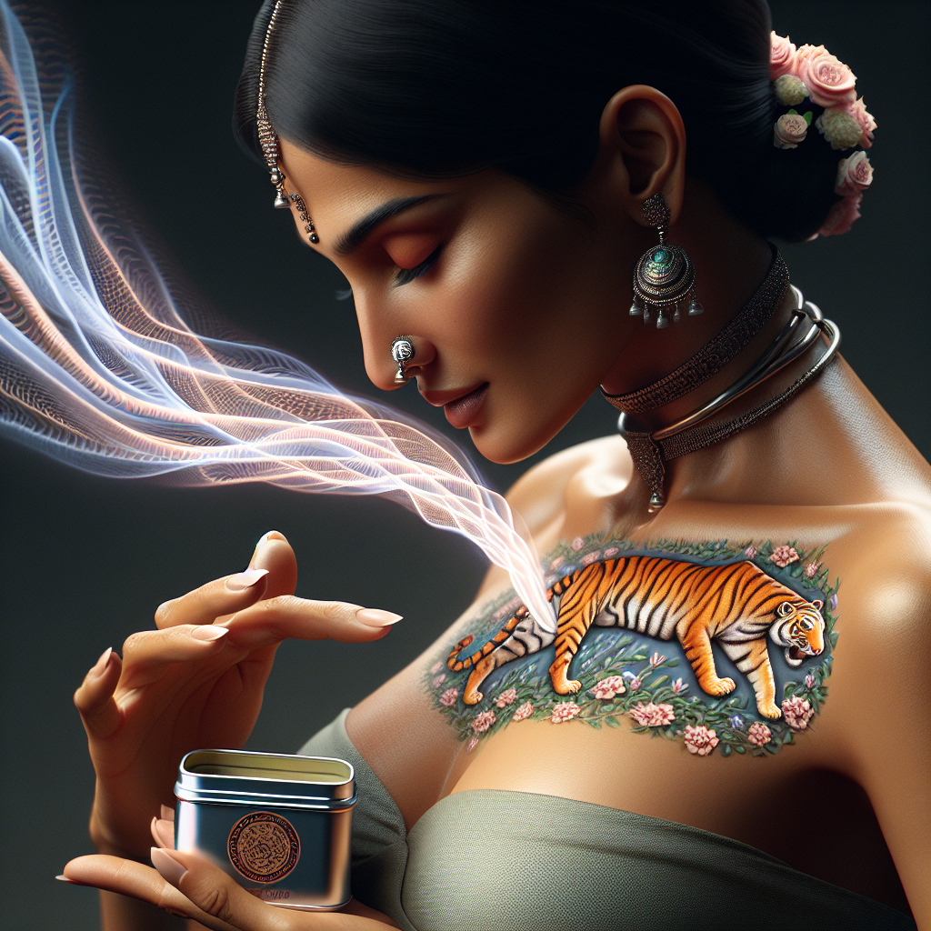 Personne appliquant une petite quantité de baume du tigre sur la poitrine et sous le nez, soulignant les propriétés apaisantes et décongestionnantes des huiles essentielles.