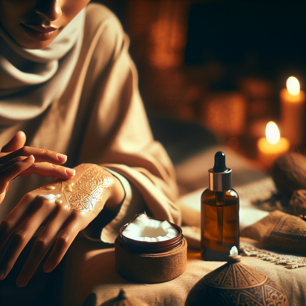 Une femme applique de l'huile de coco sur sa peau pour traiter des dartres, dans une chambre confortable la nuit, avec un flacon d'huile de coco à proximité.