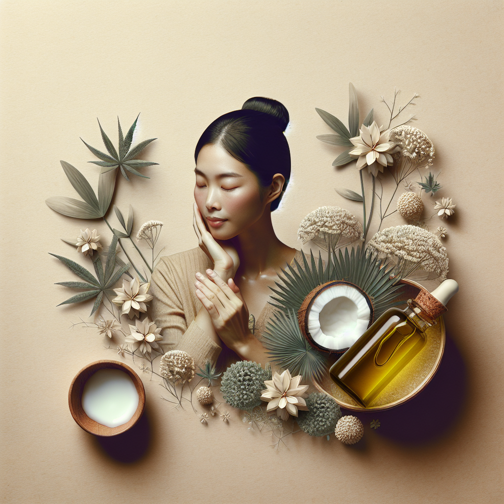 Une personne appliquant de l'huile de coco sur sa peau sèche avec un flacon d'huile de coco vierge à côté.