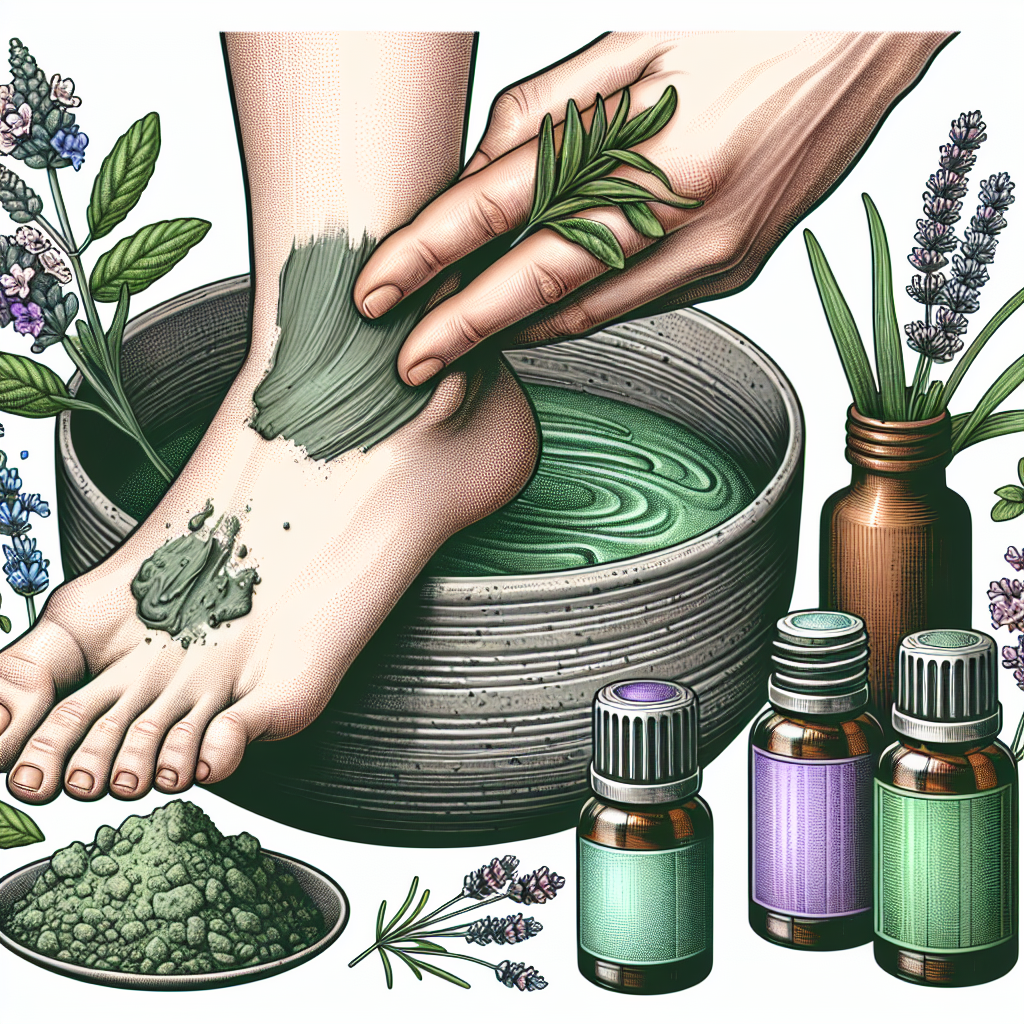 Application d'argile verte sur une cheville avec des huiles essentielles de lavande, menthe poivrée et gaulthérie en arrière-plan