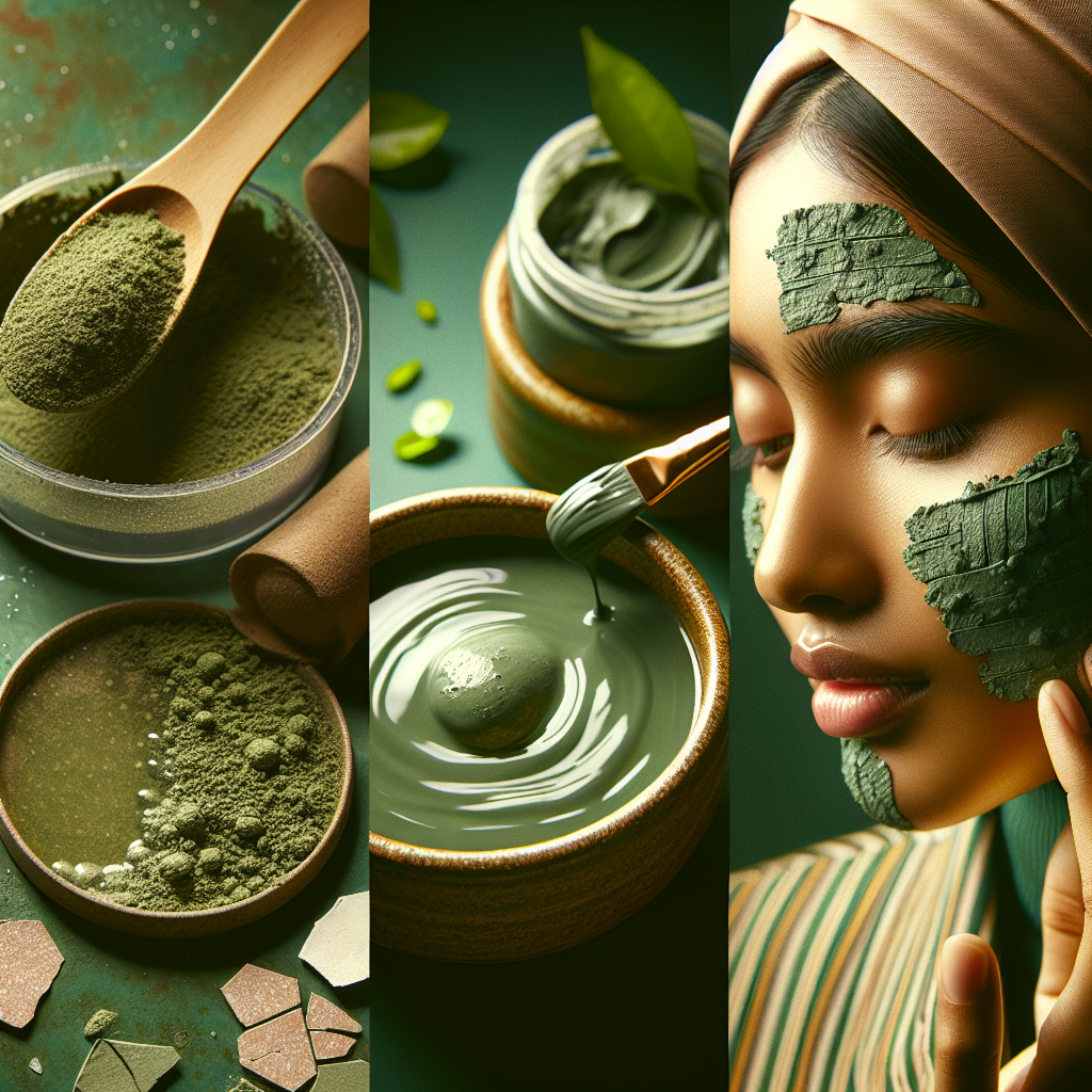 Préparation et application d'un masque à l'argile verte sur la peau, montrant le processus et les bienfaits pour la purification et le nettoyage de la peau.