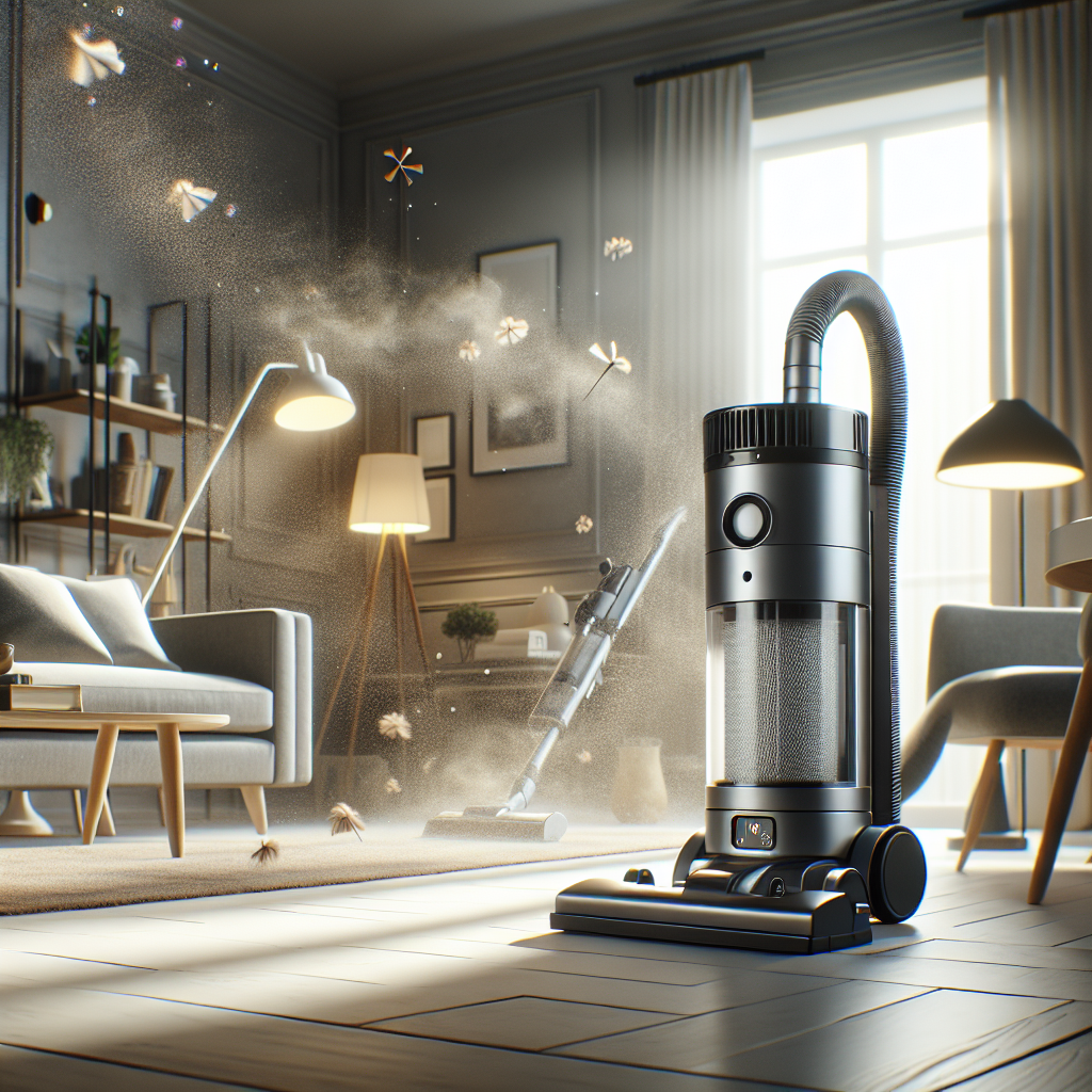 Aspirateur efficace avec filtre HEPA capturant des particules de poussière fines dans un salon propre.