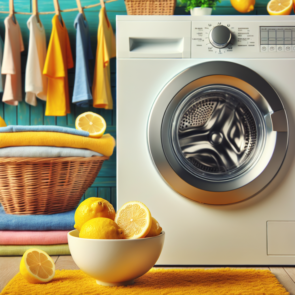 Jus de citron frais dans un petit bol à côté d'une machine à laver avec des vêtements propres en arrière-plan
