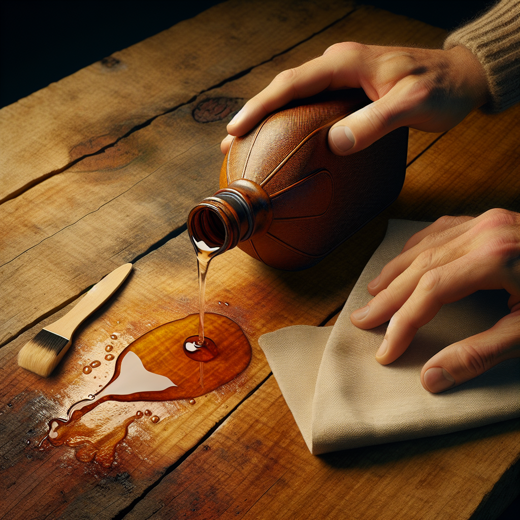 Une main tenant une bouteille d'eau chaude sur une tache de cire, avec un chiffon prêt à nettoyer la cire fondue.