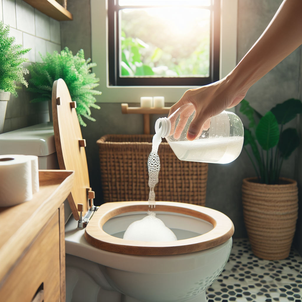 Une solution naturelle pour déboucher des toilettes, montrant des ingrédients ménagers courants tels que le bicarbonate de soude et le vinaigre, dans un cadre domestique respectueux de l'environnement.