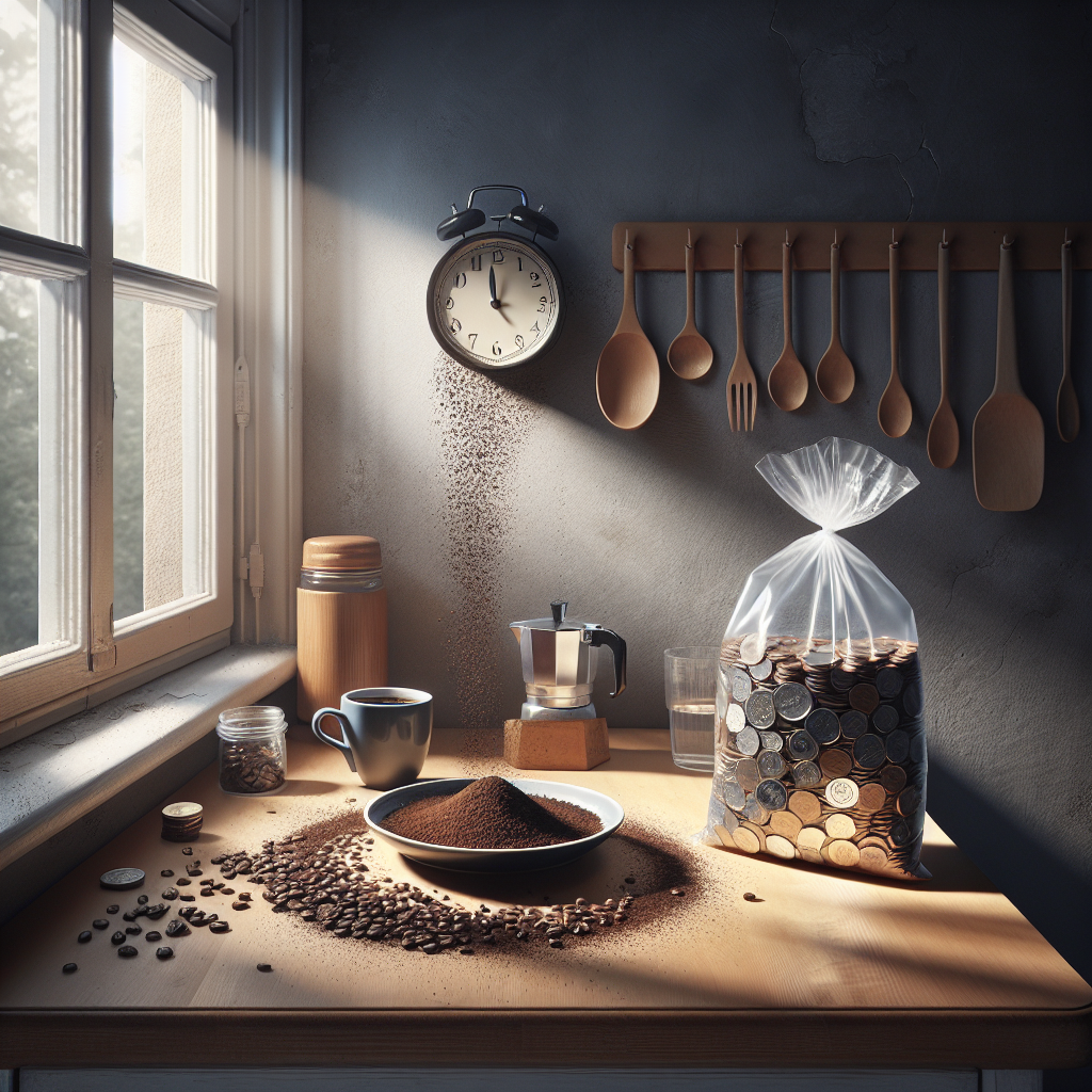 Cuisine avec une assiette de marc de café et un sac plastique rempli d'eau avec des pièces suspendu près d'une fenêtre, pour repousser les mouches.