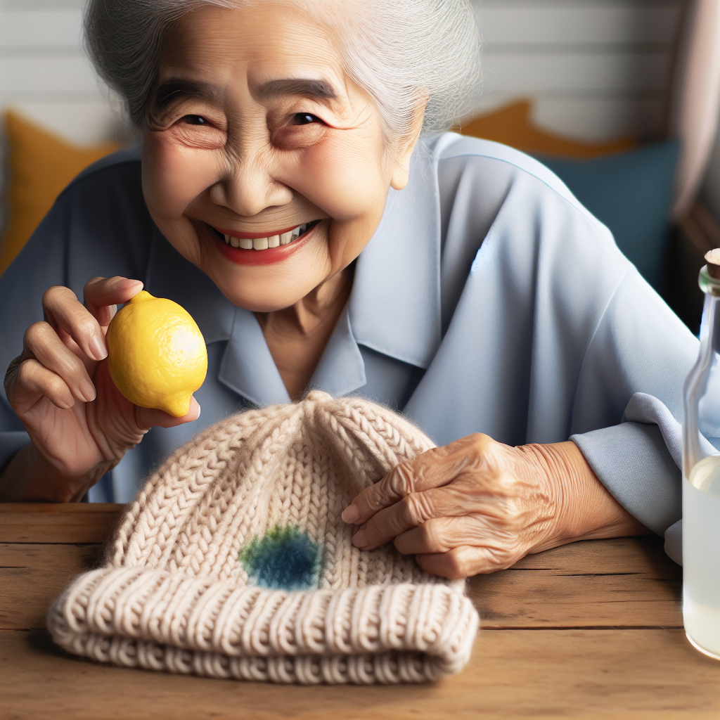 Une grand-mère donnant des astuces de nettoyage avec un bonnet en laine taché.