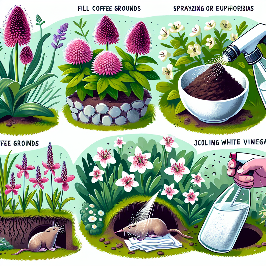 Image illustrant des méthodes naturelles pour repousser les taupes, incluant du marc de café, du vinaigre blanc appliqué avec des chiffons ou pulvérisé, et un jardin avec des plantes répulsives comme la fritillaire, l'euphorbe et l'ail ornemental.