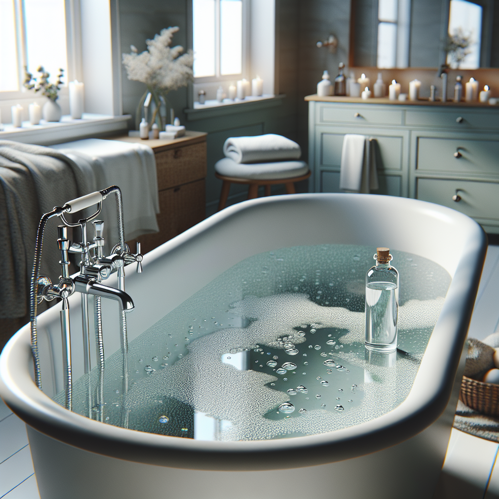 Un bain calme avec quelques gouttes d'huile essentielle de tea tree, dans une salle de bain propre et confortable.