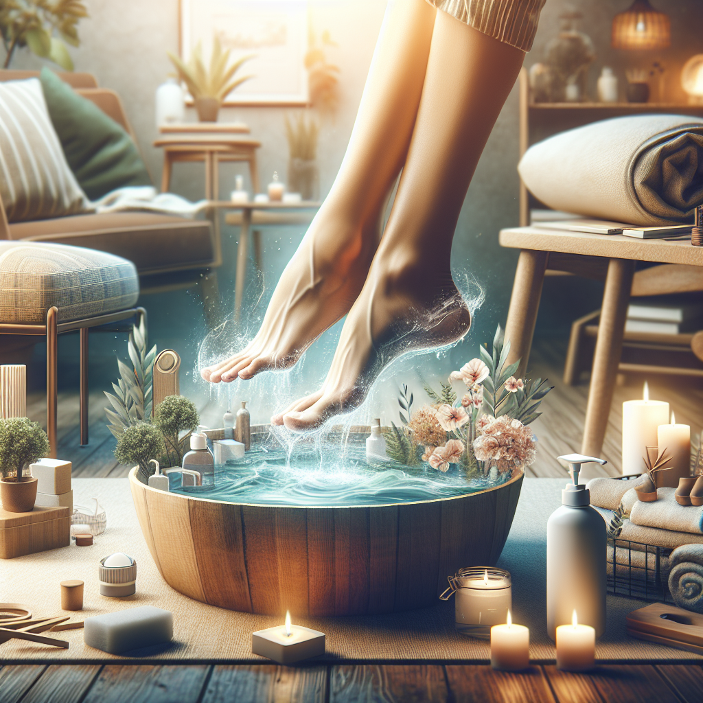 Des pieds trempant dans une bassine avec un mélange d'eau et de Javel, entourés d'un environnement domestique naturel, illustrant attention et précaution.