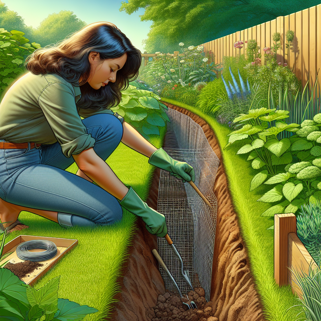 Une personne creuse une tranchée pour y enterrer un grillage de mailles fines dans un jardin vert, pour empêcher les taupes d'entrer.
