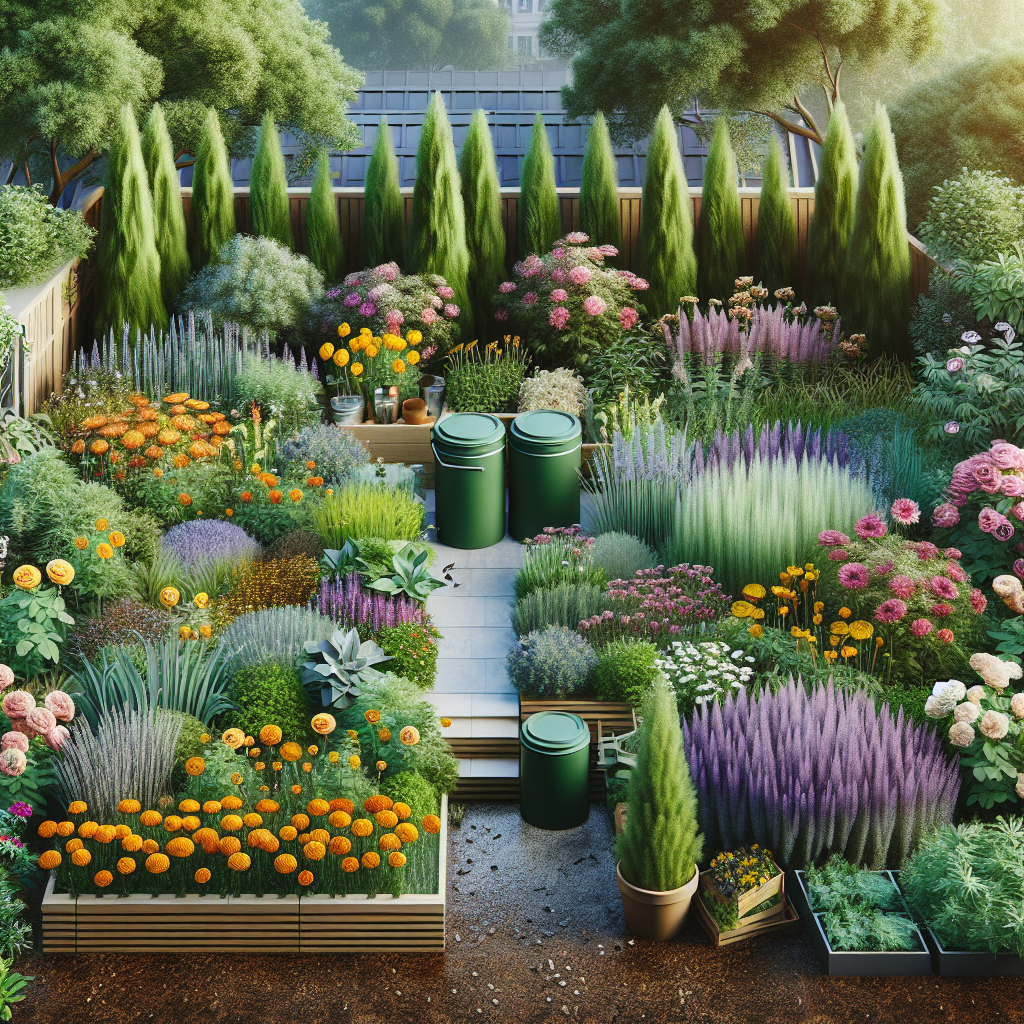 Un beau jardin avec diverses plantes et fleurs, montrant des méthodes naturelles pour repousser les insectes et des engrais organiques.